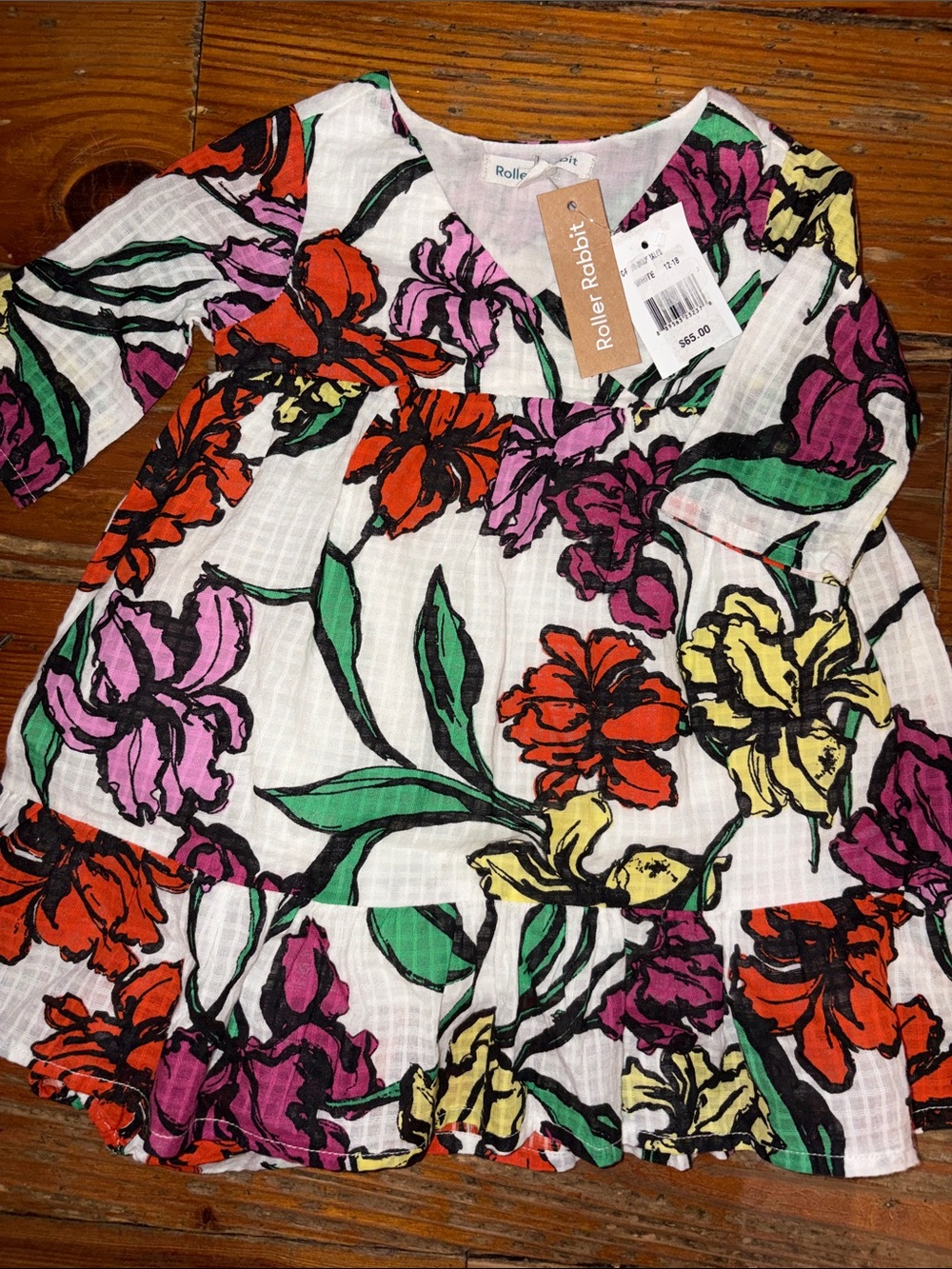 Roller Rabbit White Top with Red, Purple, Yellow & Green Floral Print